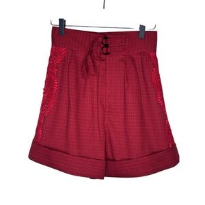 Self-Portrait Burgundy Red Black High Waisted Cuffed Lace Shorts Houndstooth 4